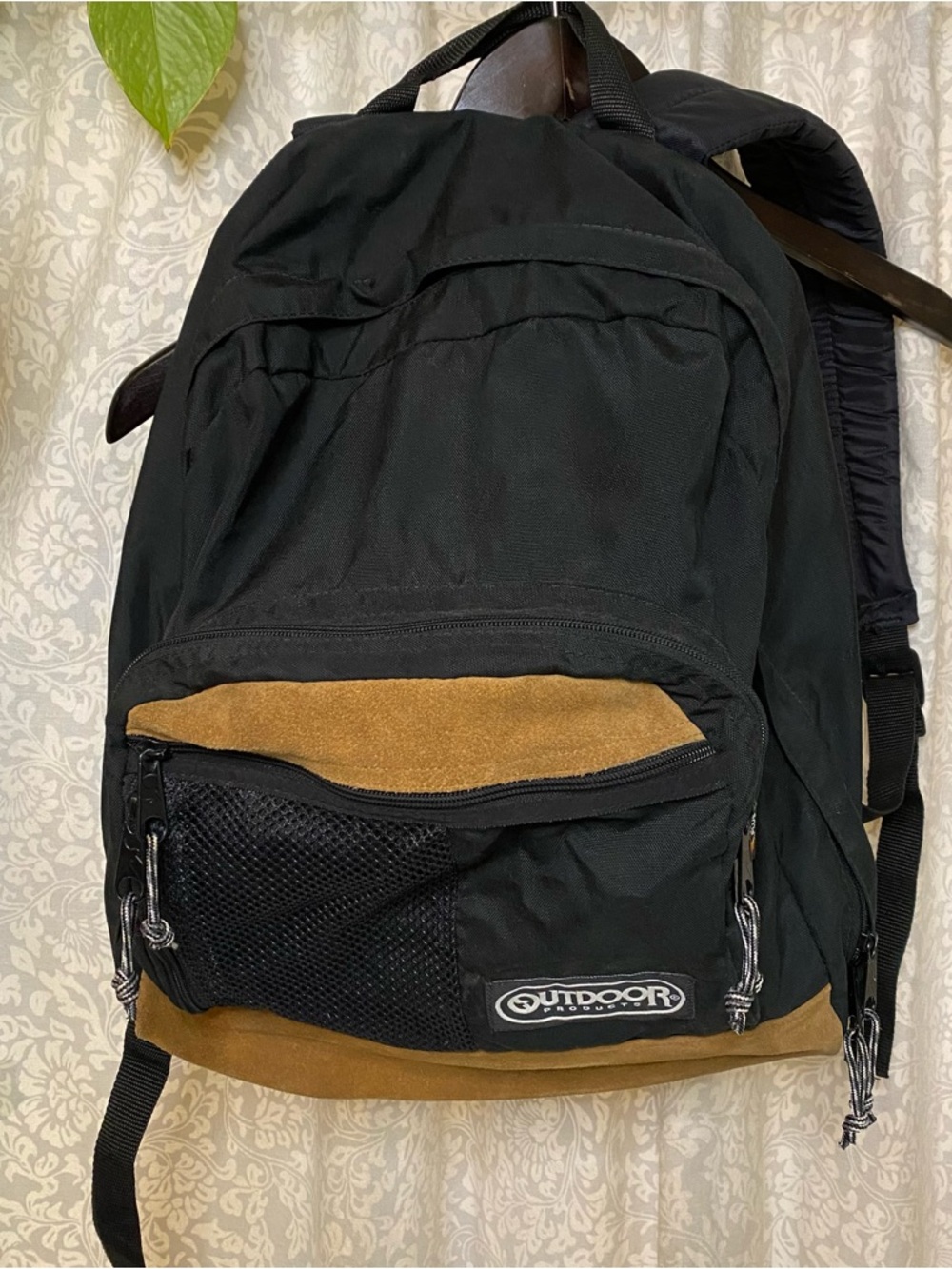 Outdoor Products Black and Tan Backpack with suede accents